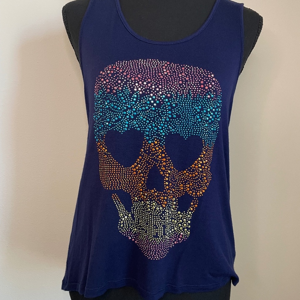 L.o.t. Apparel Women's Medium Beaded Sugar Skull Navy Tank